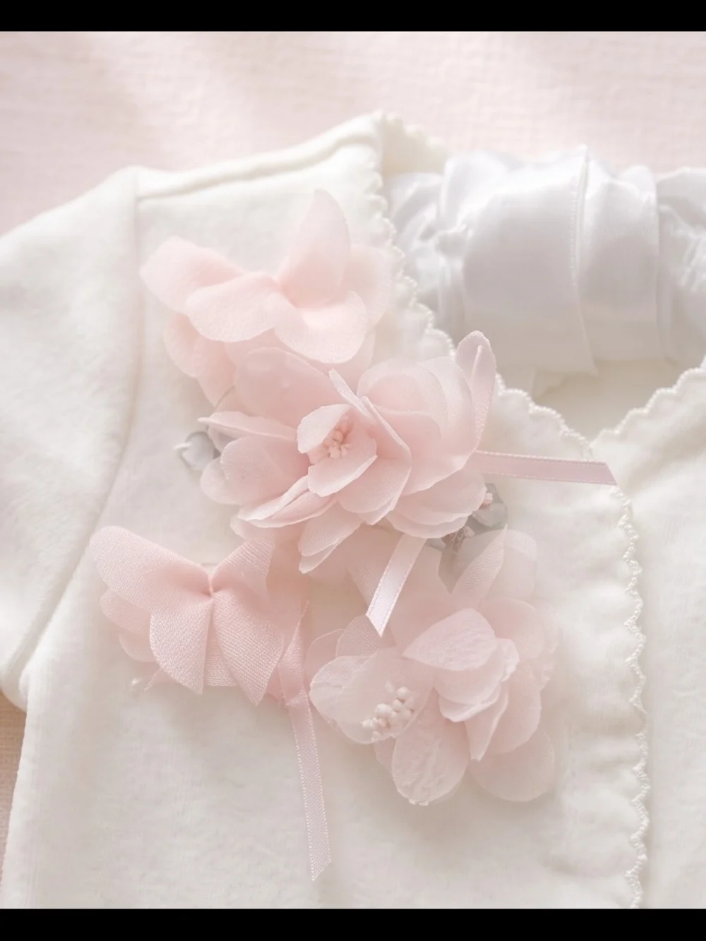 Cream Baby Footed One-Piece with Pink Floral Detail And Tulle Frill At The Back